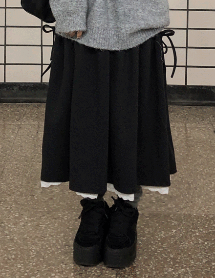 빈블 [러블리/도톰] 로다그 레이어드 셔링 리본 롱 스커트