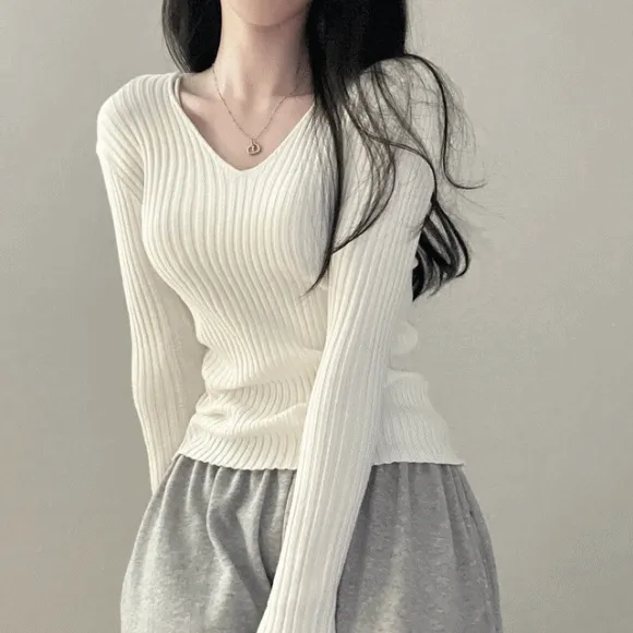 [ 슬림핏/베이직 ] 말라보이는,잔골지 브이넥 긴소매티셔츠 (7col)