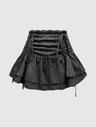 ROMWE Academia Sweet Academy Preppy Style Waistband Pleated Lace & Floral Spliced Mini Cake Skirt For Women (Including Shorts)