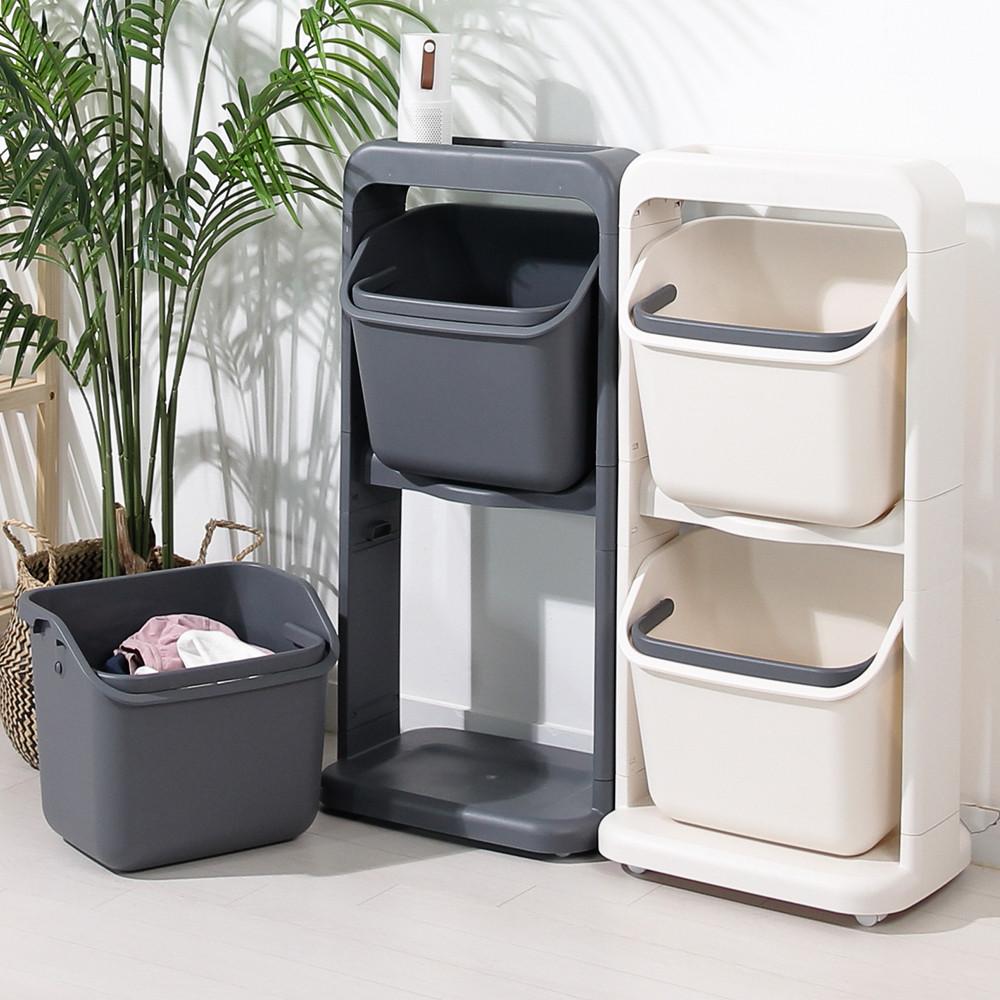 올리빙 세탁바구니 도트 트롤리 빨래바구니 2단 화이트