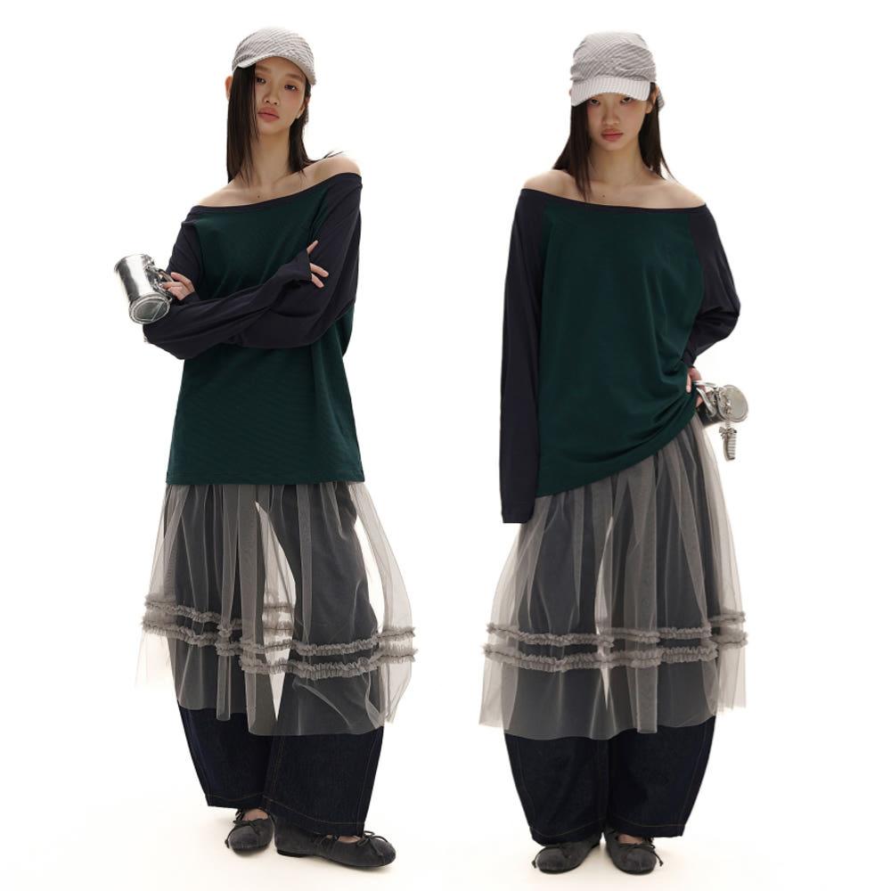 MOROMORO2 모로모로2 스커트 더블 로우 플리츠 레이스 메시 스커트