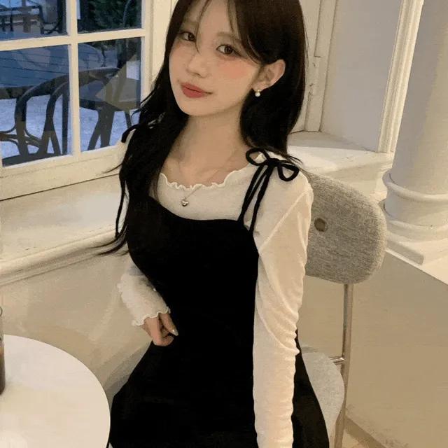 [데이트룩🖤/진짜예쁨ᰔ] 리본 뷔스티에 니트 + 물결 시스루 레이어드 긴팔set/ 단품가능/ 고퀄리티 국내제작 뷔스티에니트 물결티 니트탑 봄옷 블라우스 하객룩 결혼식 데이트룩