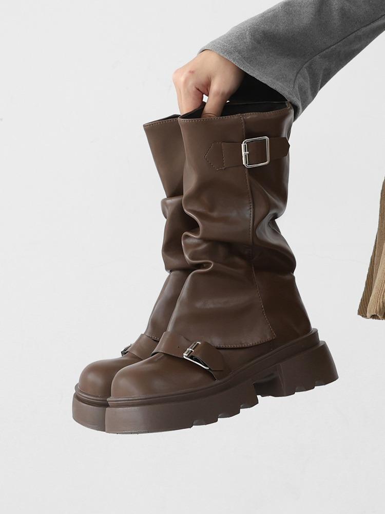 메이크 링클 셔링 버클 힙스터 바이커 통굽 미들 부츠(6.0cm)