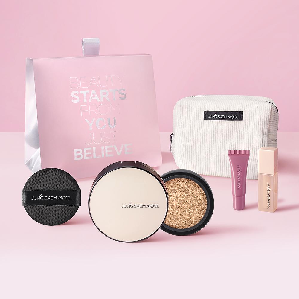 [단독포장] 정샘물 에센셜 스킨 누더 쿠션 (리필포함) + 코듀로이 파우치 + 세럼 글로스 미니 + 컨실러 미니