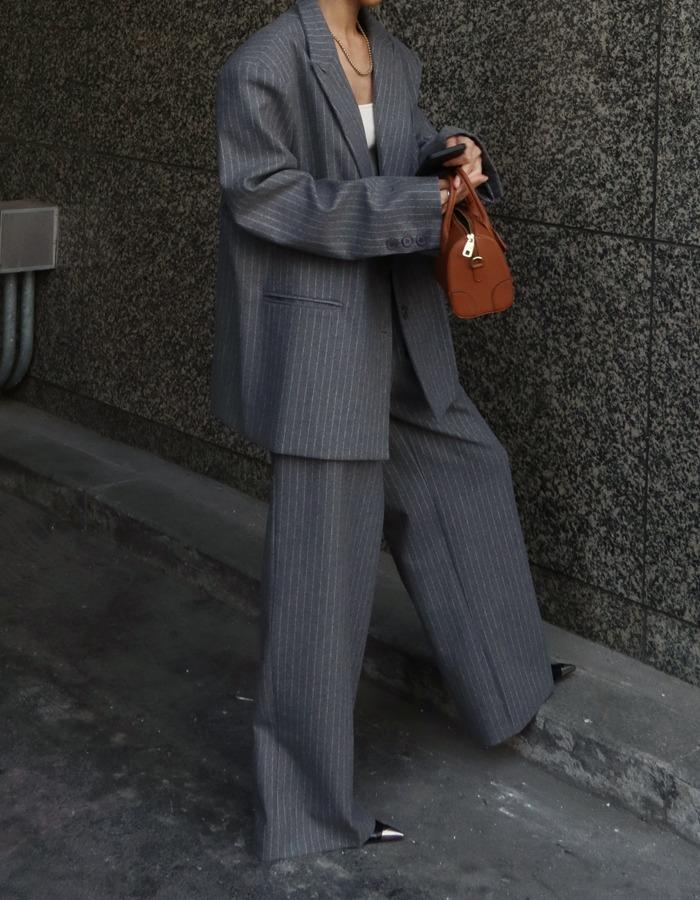 스트라이프 울 와이드 트라우져