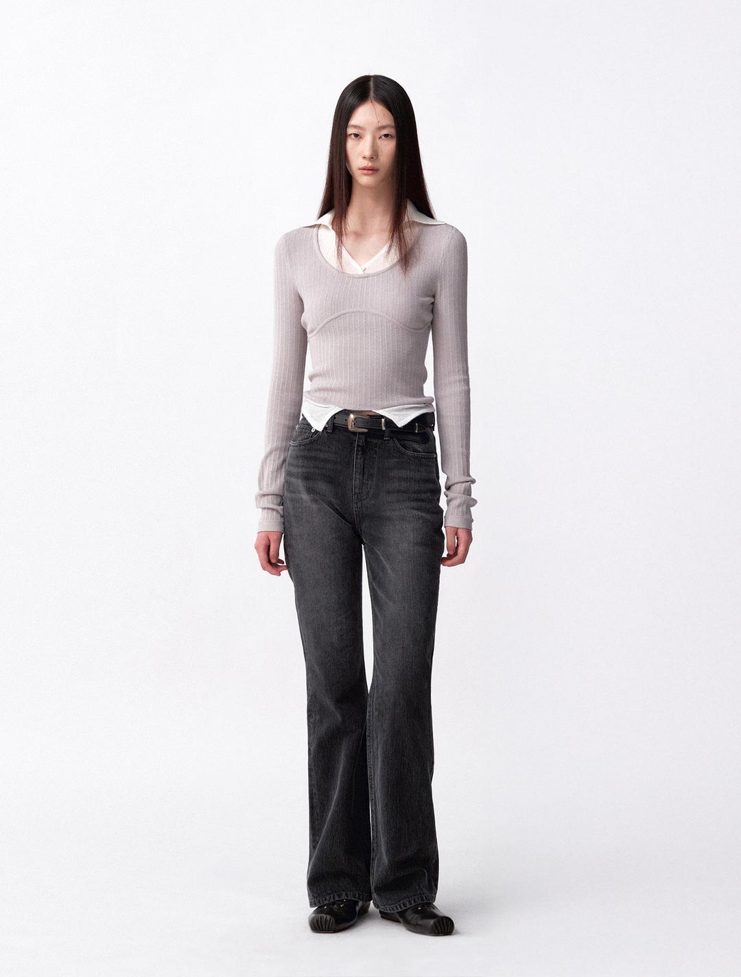 웨이브 레이어드 카라 니트 (그레이)