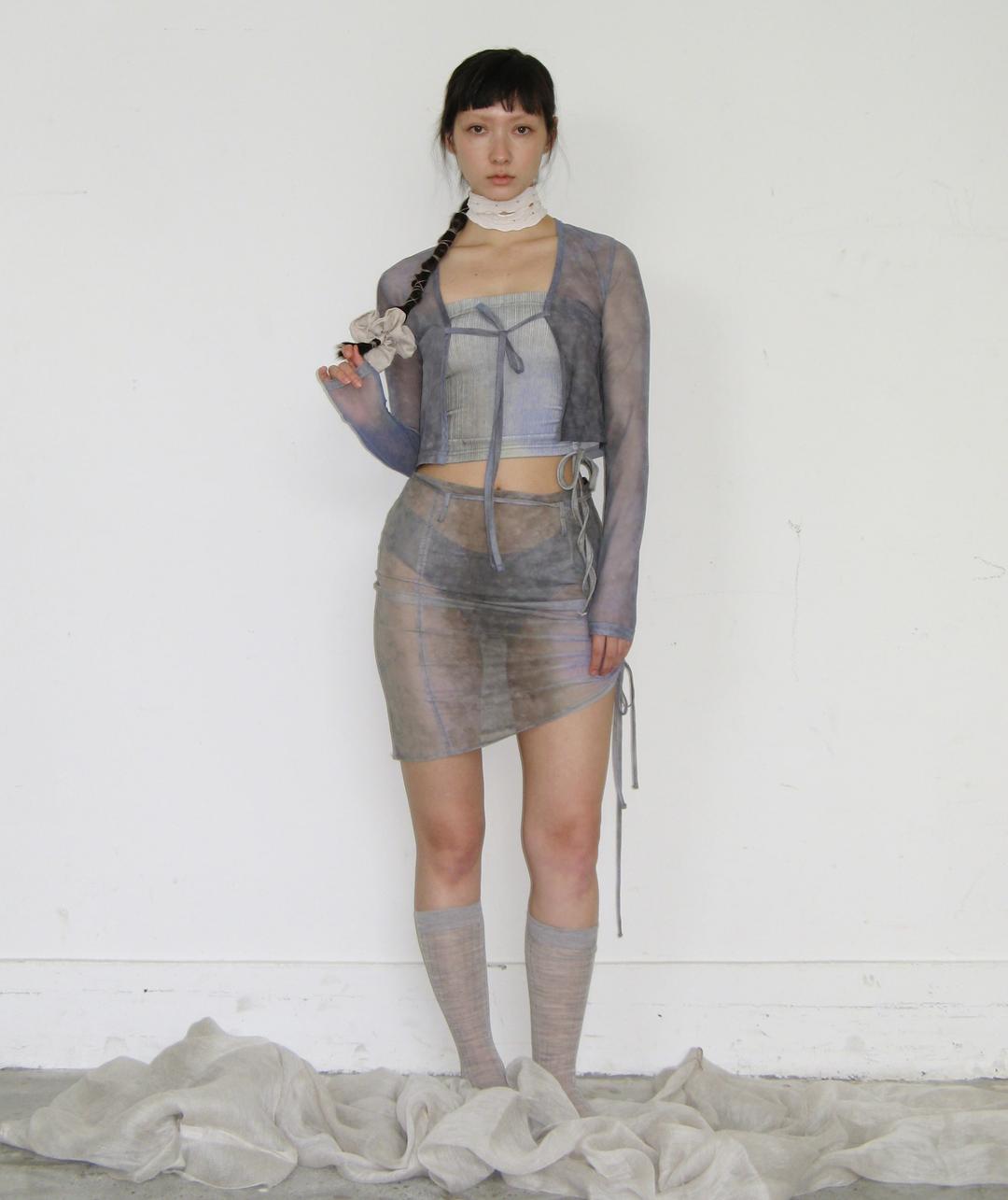 Side Shirring Mesh Skirt [Khaki]