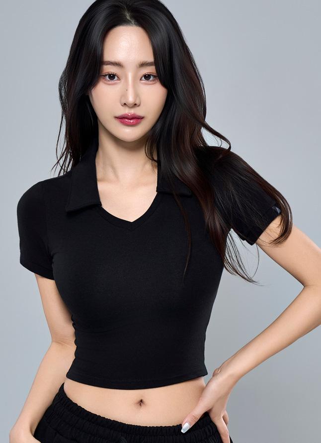 P5018 우먼 모달스판 카라 크롭반팔 [블랙]