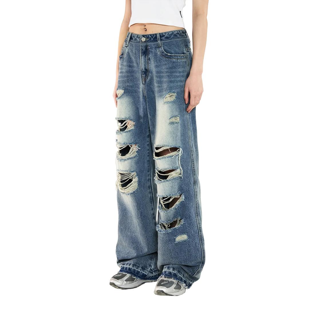 오드스튜디오 솔트 워싱 디스트로이드 데님 팬츠 - BLUE