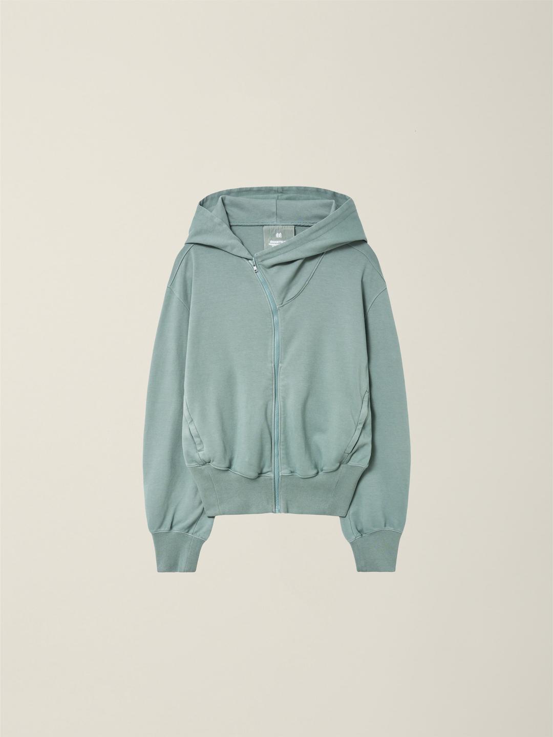 MENS GARMENT DYED CURVED HOODED ZIP JACKET  GREYISH GREEN