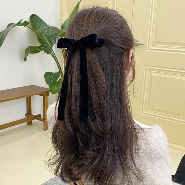 벨벳 심플 기본 롱롱 리본 헤어핀