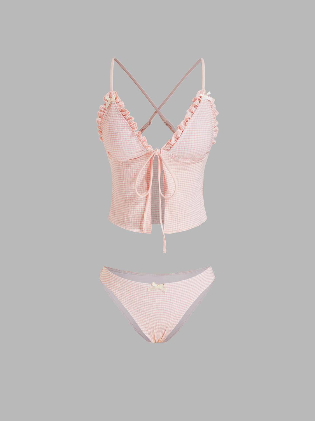 V-neck Gingham Bowknot Lettuce Trim Tankini Bikini Set