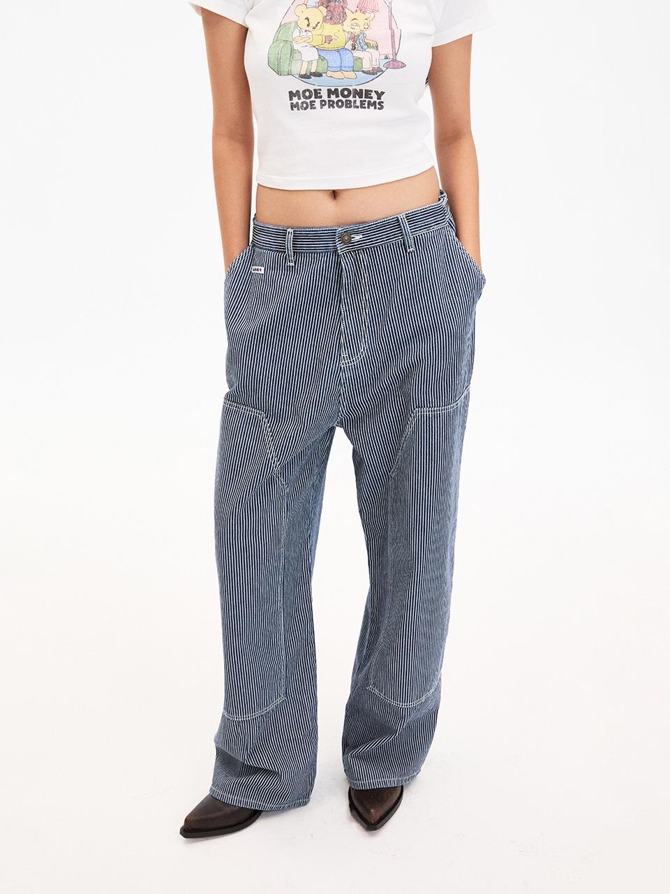 Waist Button Stripe Denim_Dark Blue
