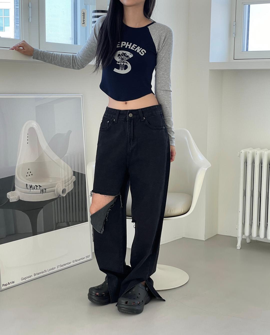 트임 흑청 팬츠