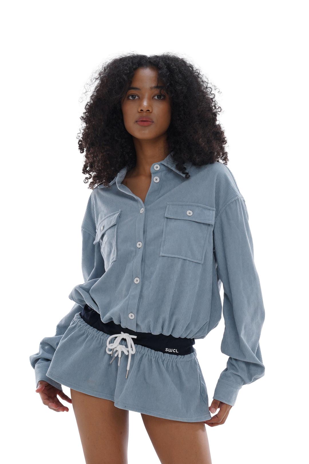 CORDUROY SHIRT DRESS WITH ADJUSTABLE WAIST & CORDUROY SHORT - Dress / Gray / XS