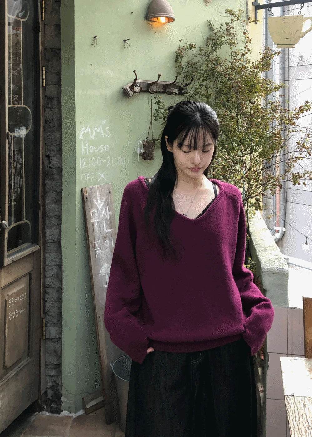 샌더 울 루즈핏 딥 브이넥 니트