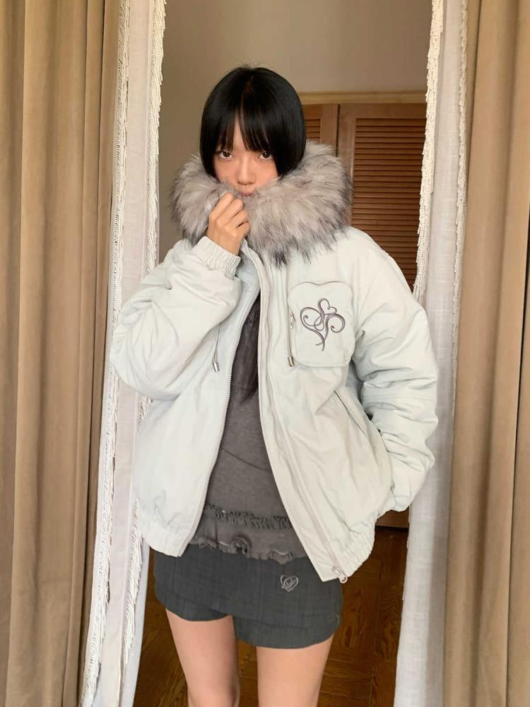 LES FORTES 패딩 그레이 퍼칼라넥 자수 로고 윈터 패딩