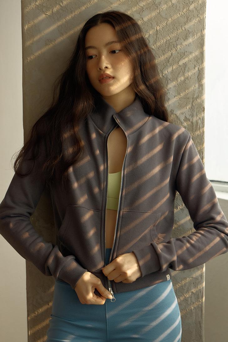 Cotton high neck zip-up (Deep Grey)