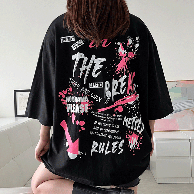 (국내제작/면/빅사이즈) 남여공용 박스 오버핏 네온 페인팅 반팔티 4color