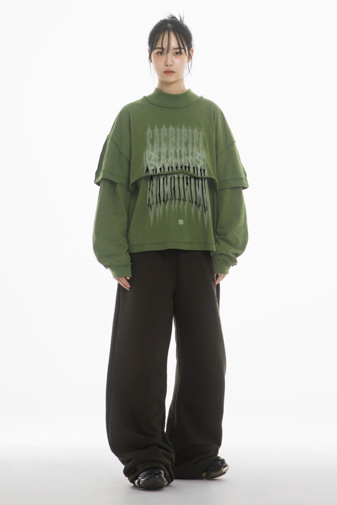 CHAOS LETTERING SHORT + LONG SLEEVE LAYERED SET - KHAKI