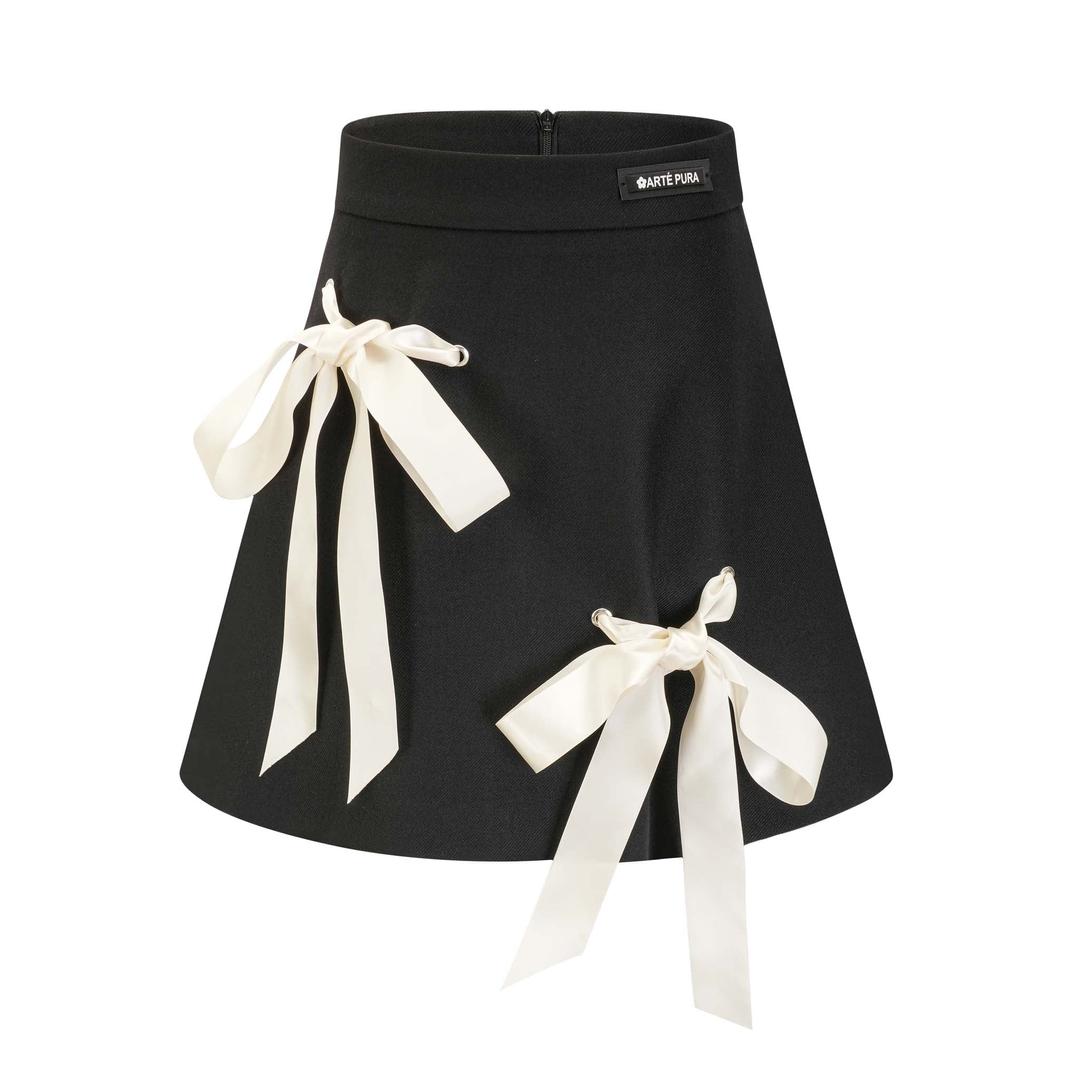 Black Wool Perforated Bow Half Skirt - S