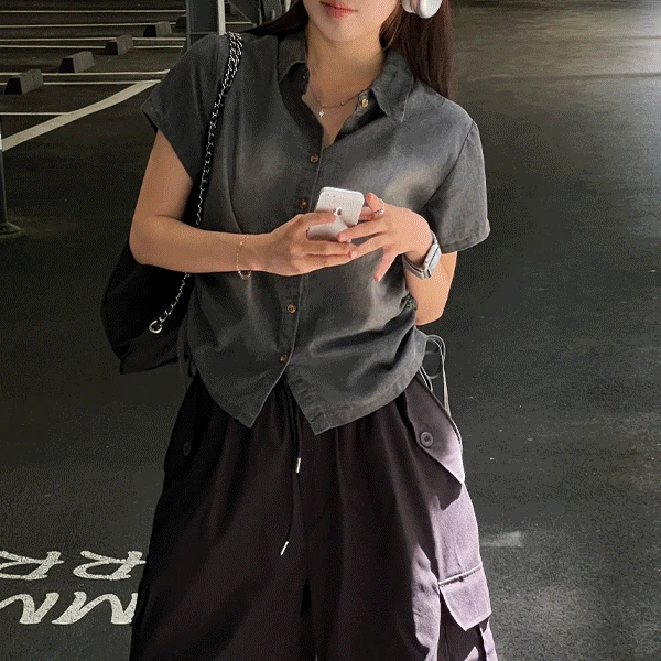 데투 데님 셔링 반팔 셔츠