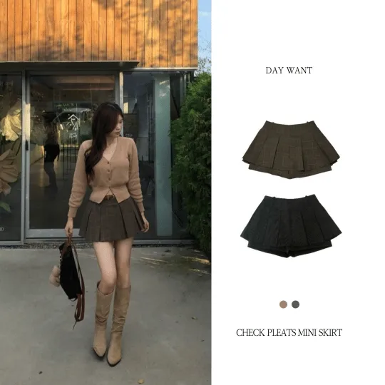 [*감사할인EVENT/*치마바지🤎/*핏보장!] 체크 무드 플리츠 미니 스커트 ver1 - 2color / 롱다리연출 속바지안감 미니스커트 플리츠스커트 플리츠치마 봄치마 가을치마