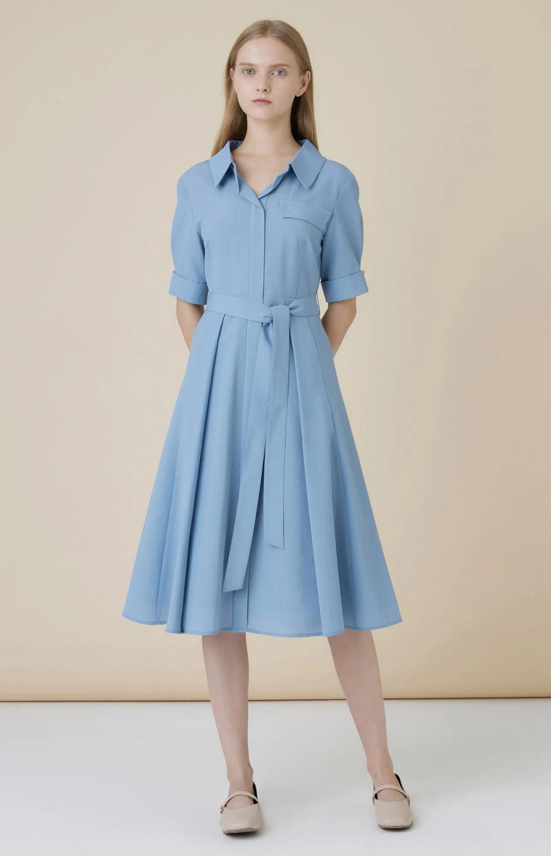 오픈카라 플레어 미디 원피스