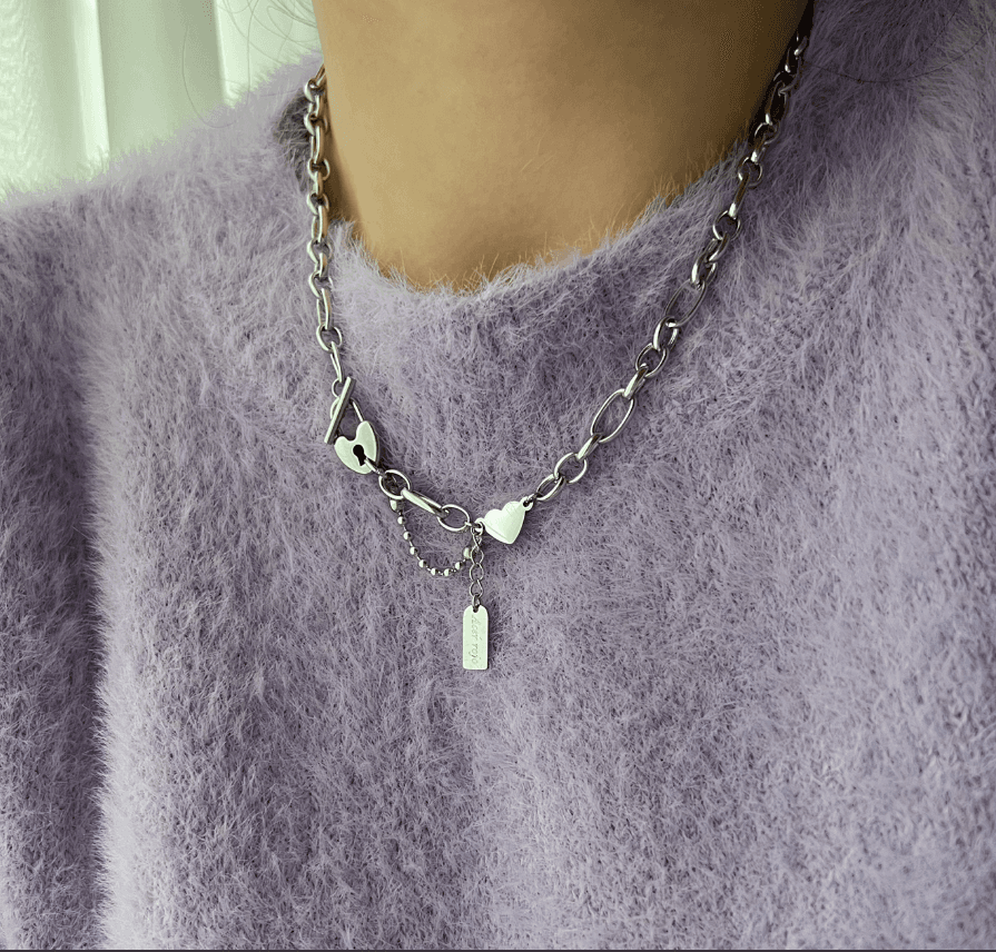 아세르로조 시크힙 볼드 halo 써지컬 하트 자물쇠 열쇠 드롭 두줄 목걸이