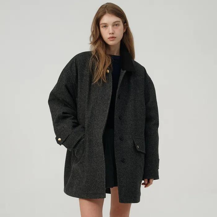 Corduroy Collar Herringbone Short Coat_Charcoal