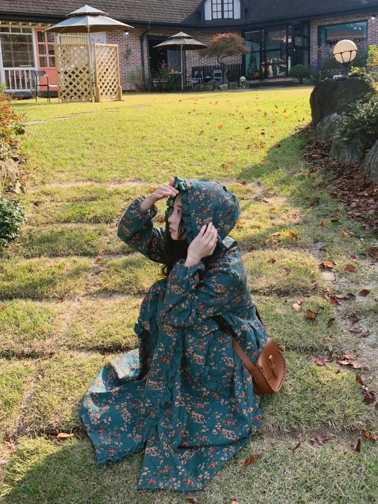 포로리 플라워 후드 원피스 코트 하구미 스즈코 빈티지 모리룩 아오이유우