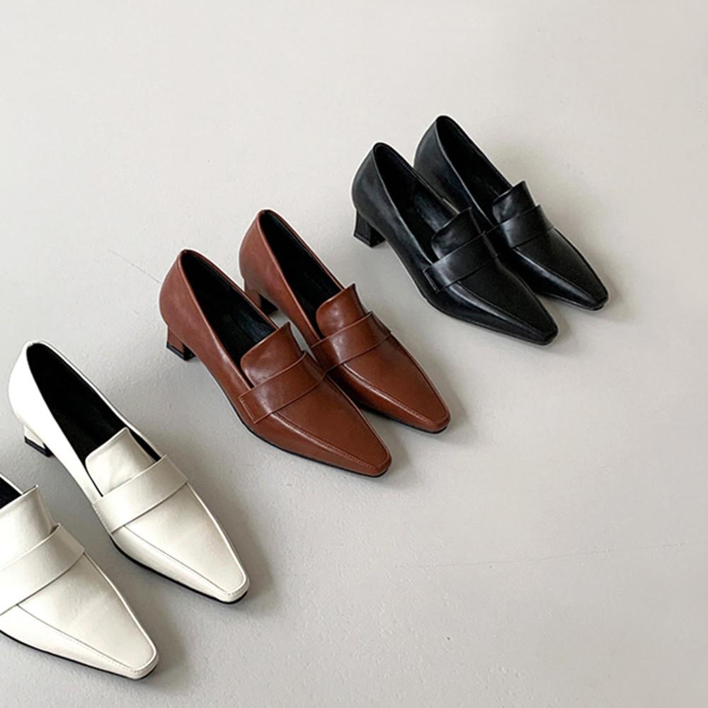 스틸레토 가죽 스트랩 미들힐 로퍼 구두 4cm 여성 로퍼힐