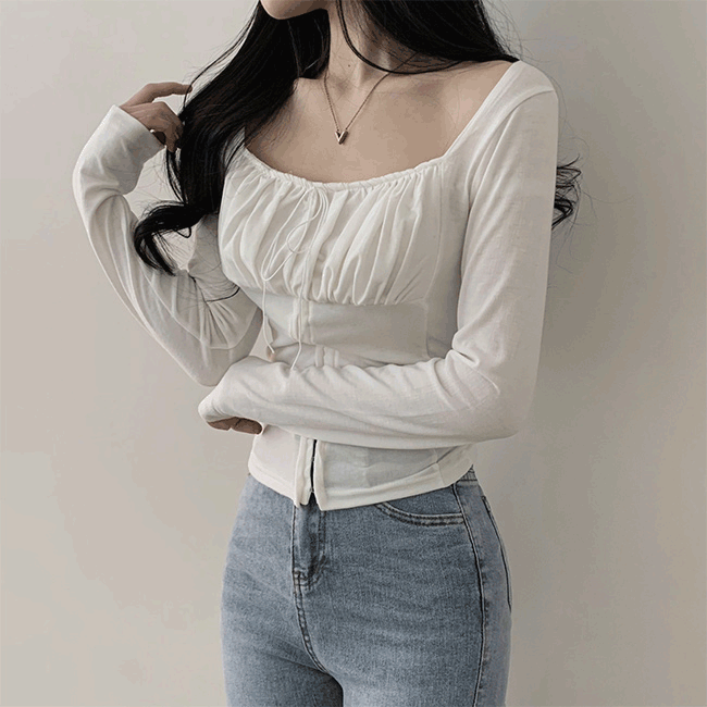 [발레코어/유니크]랭방 후크 리본 셔링 세미 크롭 긴팔 티(3color)