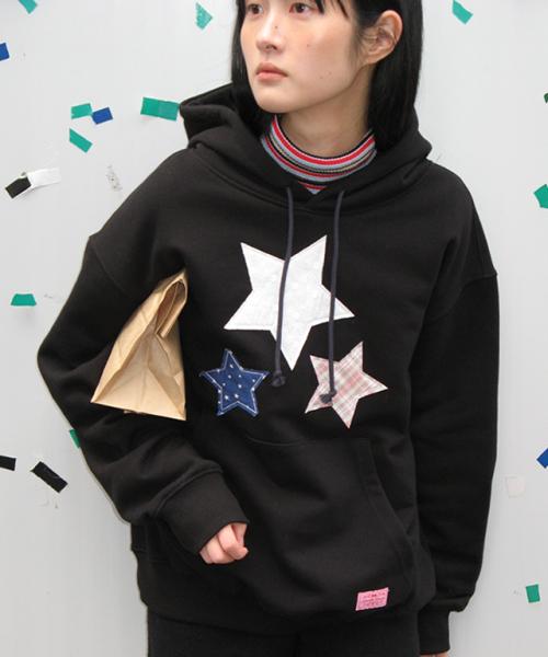 STAR PATCH MIXED APPLIQUE HOODIE BLACK