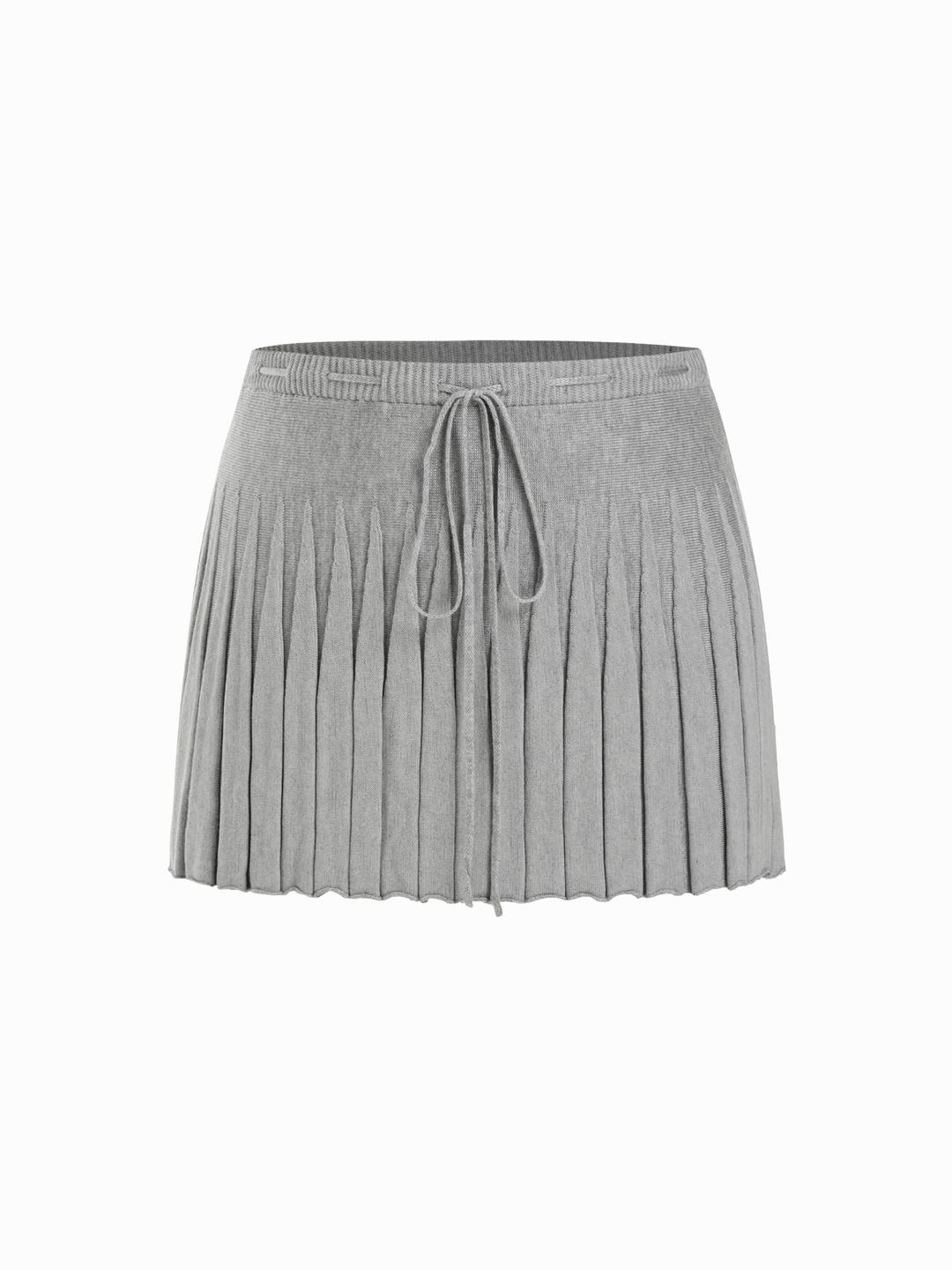 Knit Mid Rise Knotted Pleated Mini Skirt