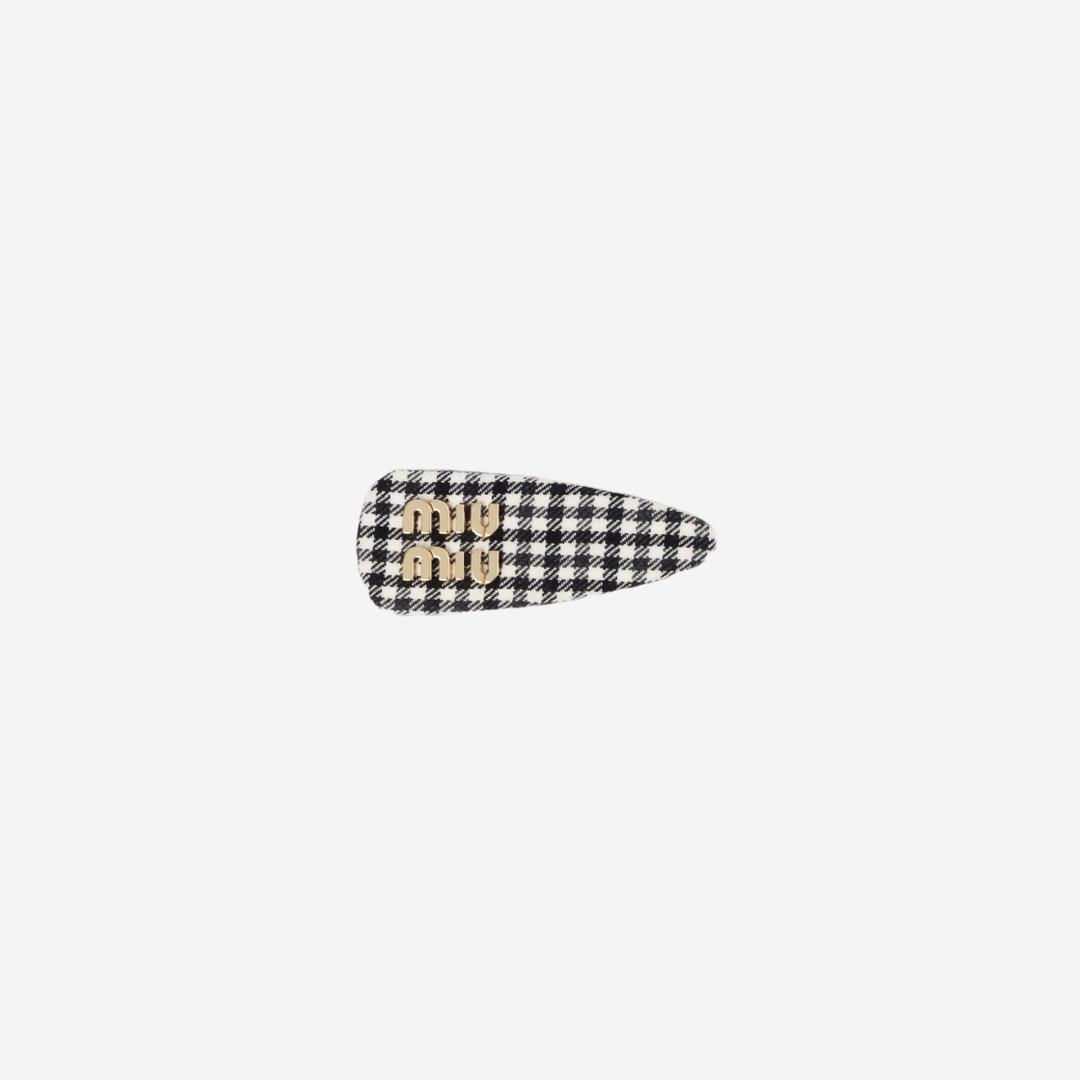 (W) Miu Miu Gingham Check Wool Hair Clip Black White