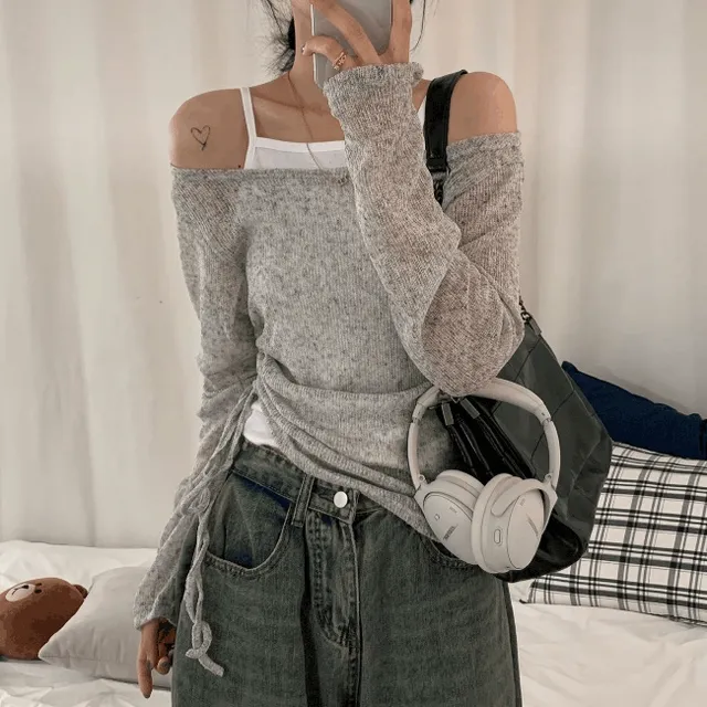 [개말라핏/허리잘록] 시스루 오프숄더 레이어드 그물 긴팔 니트티 (3col)