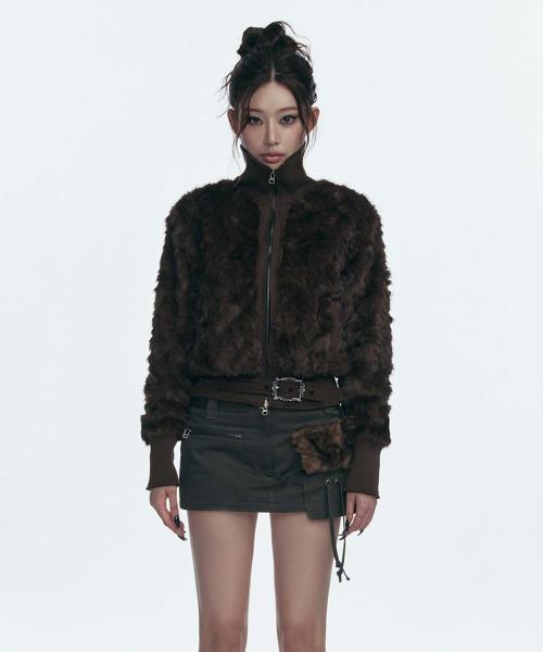 FAUX FUR BELT ZIP JACKET_BROWN