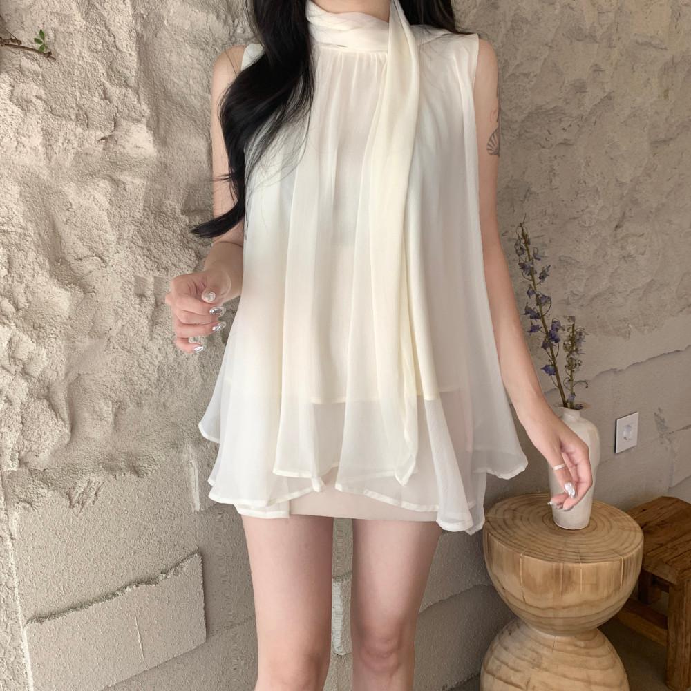 (1시이전 주문 당일배송) 엘르 홀터넥 쉬폰 블라우스