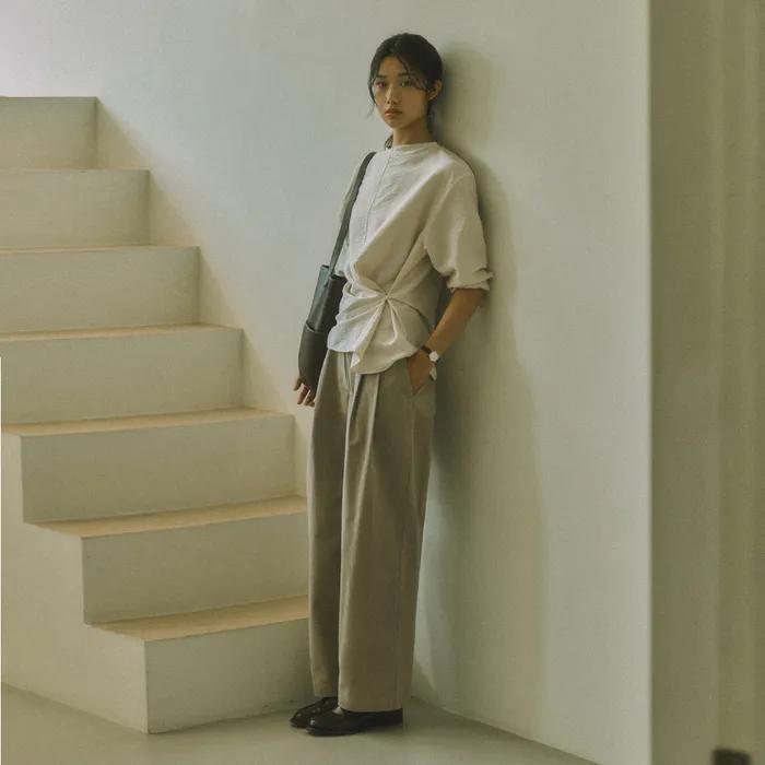 LEAF PINTUCK COTTON PANTS_BEIGE