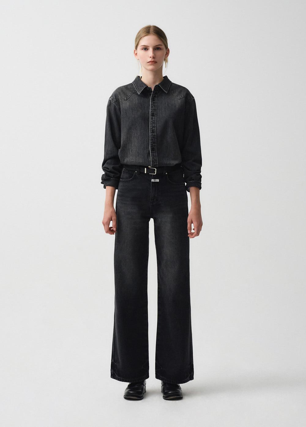 W VINTAGE WASHED WIDE DENIM PANTS black