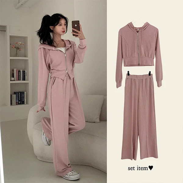당일🚀[쫀쫀골지] 투웨이 절개 크롭후드 와이드팬츠 트레이닝 세트
