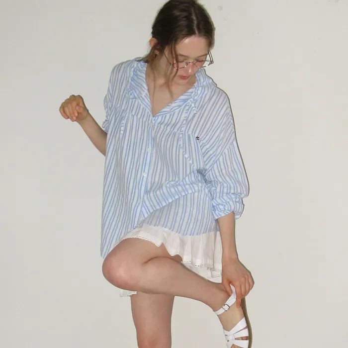 SOFT EYELET HOODED LOOSE FIT BLOUSE BLUE STRIPE