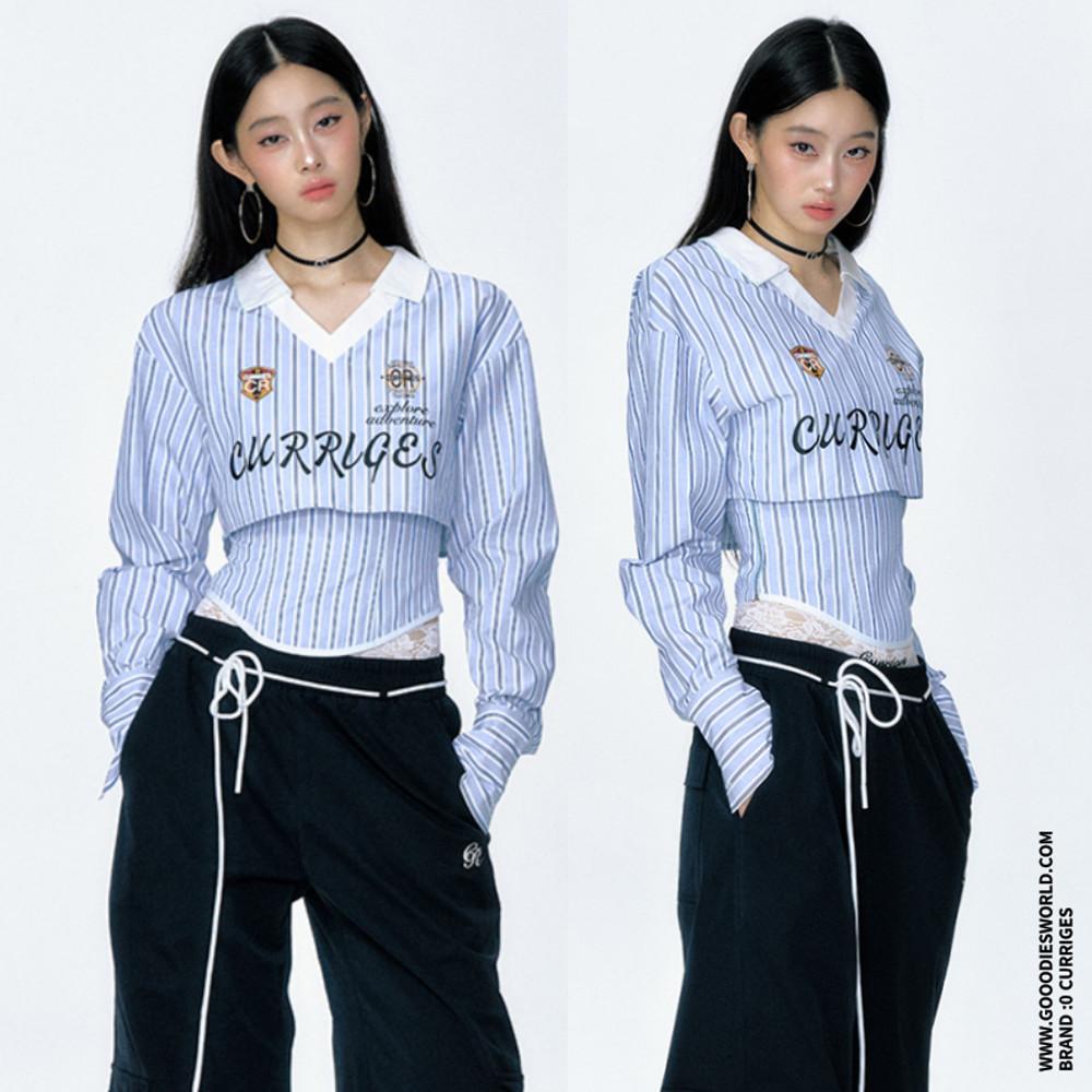 CURRIGES 크롭 셔츠 스트라이프 슬림핏 투피스 셔츠 크롭탑