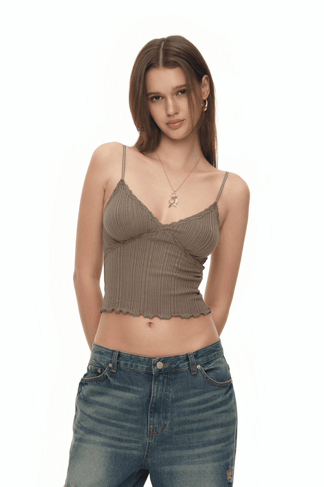 LACE RIBBED CAMI TOP (BROWN)