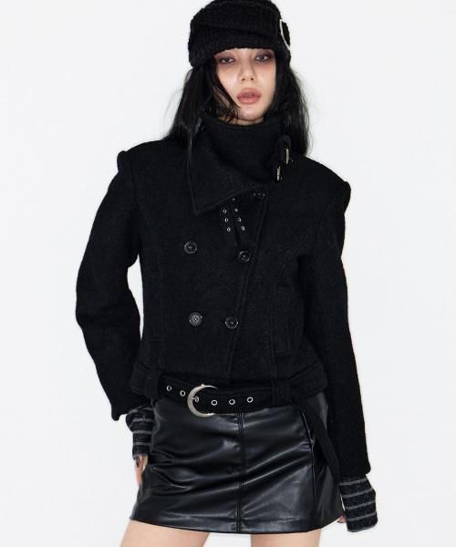 Double Belted High-Neck Coat (BLACK)