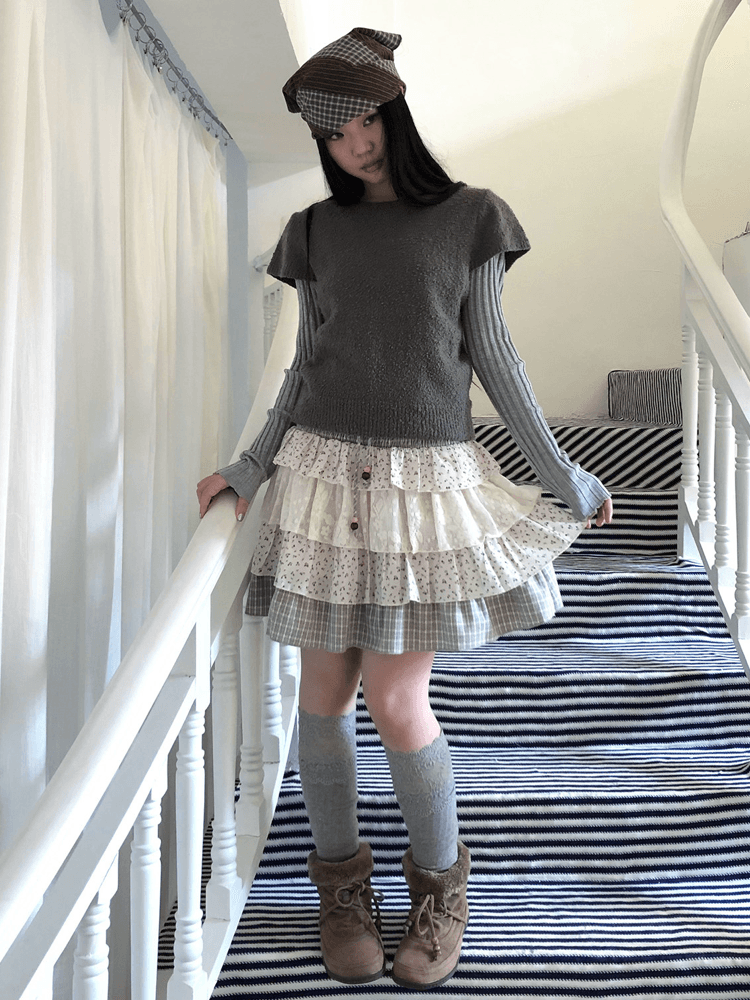 ang:project Plaid mesh patchwork layered skirt