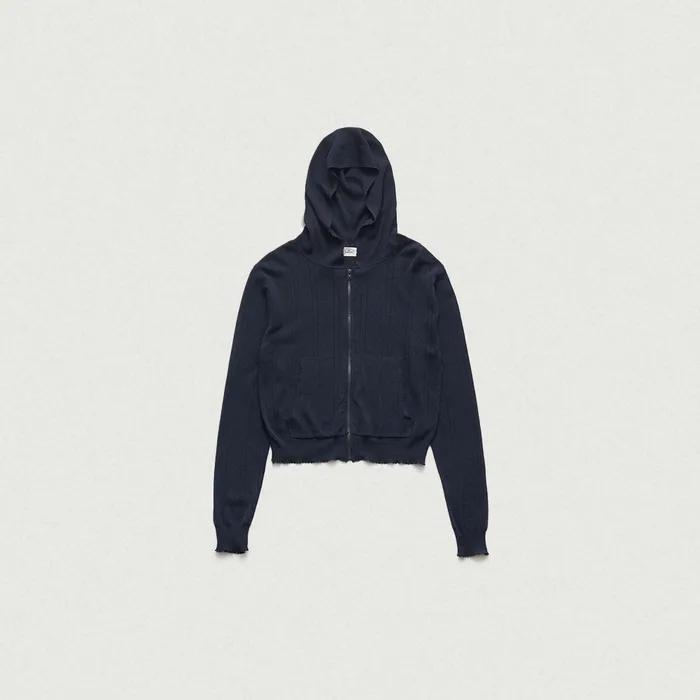 Cotton Eyelet Hooded Knit_Navy