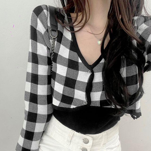 큐어 하이틴 체크 크롭 가디건_코튼로그