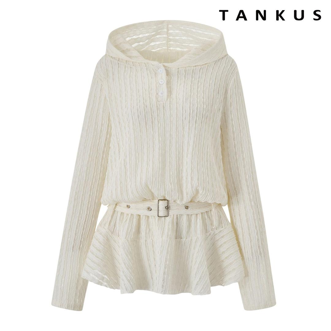 소프트 자가드 믹스 벨티드 후드 블라우스 (TY1BL003L0)